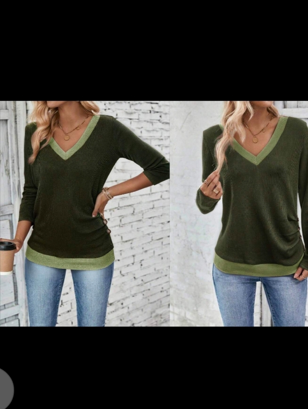 Green V-Neck Long Sleeve Contrast Trim Women's Top - NEW & SMALL - Picture 5 of 10